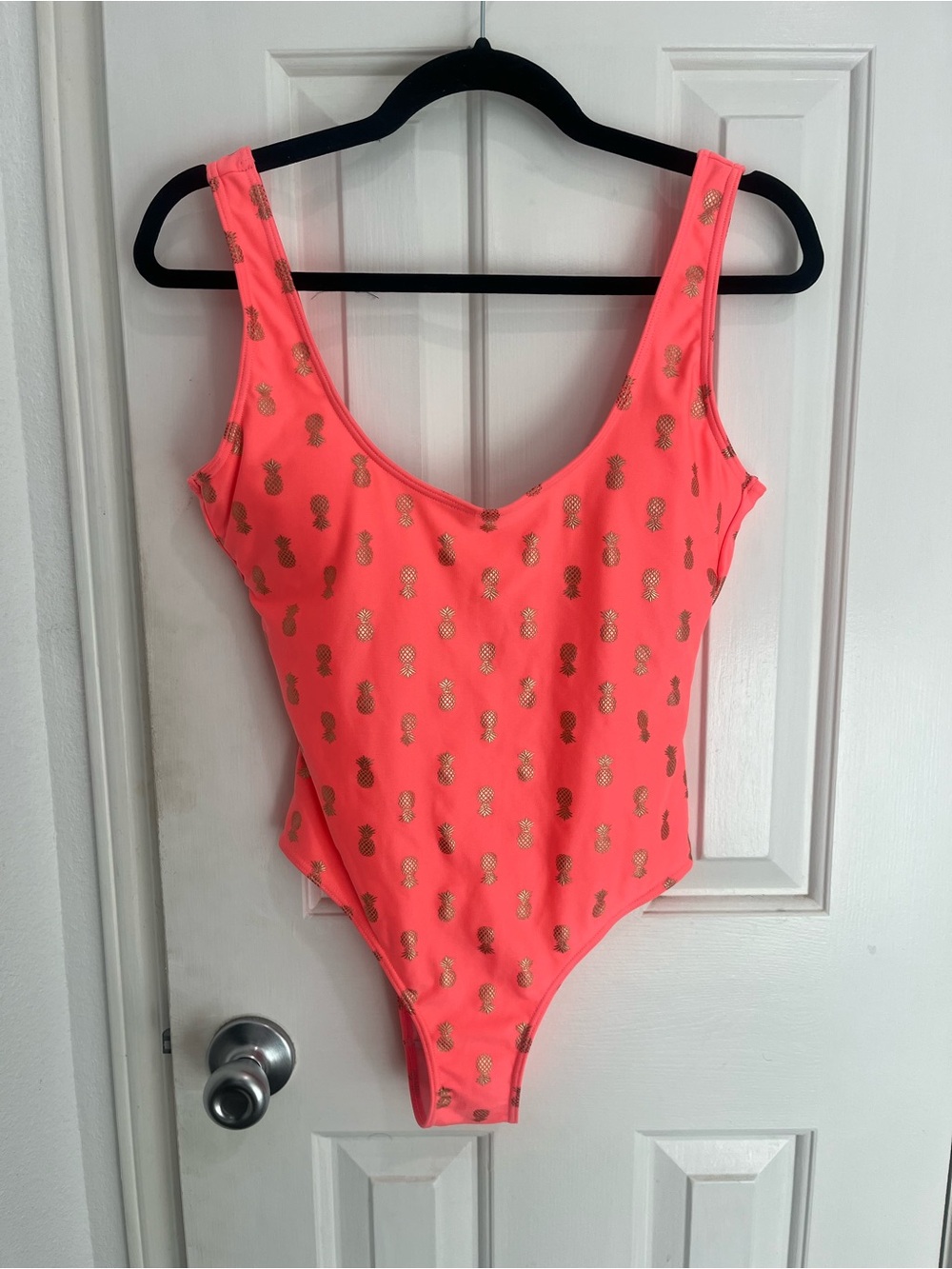 Smart & Sexy Neon Coral One-Piece with Gold Pineapple Print
